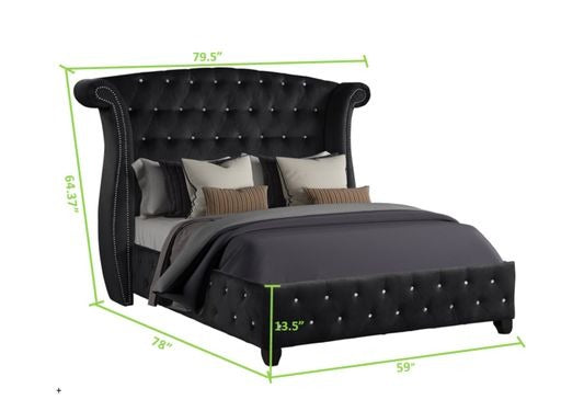Black velvet king bed with crystal tufting and wingback headboard