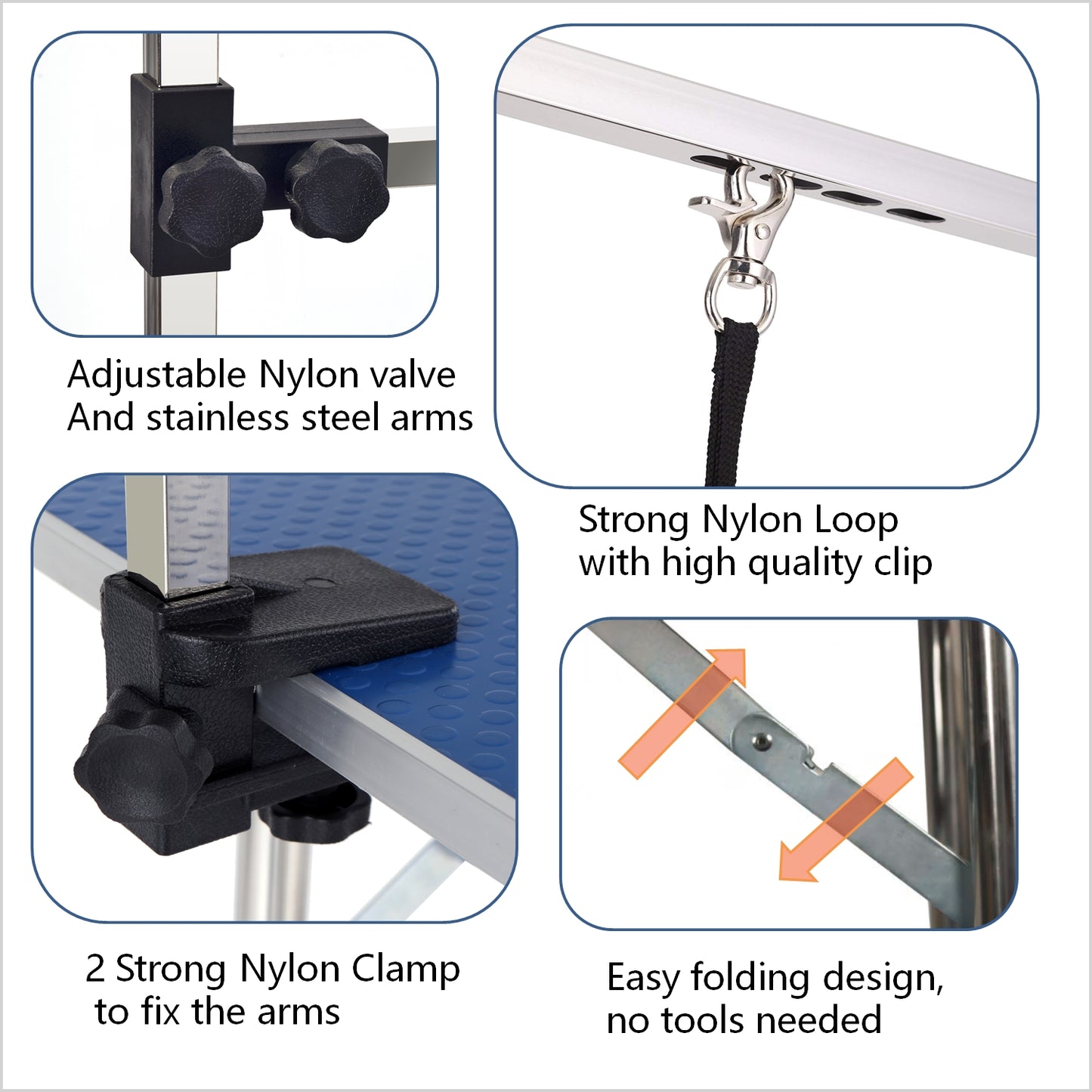 Adjustable nylon valve and stainless steel arms on grooming table