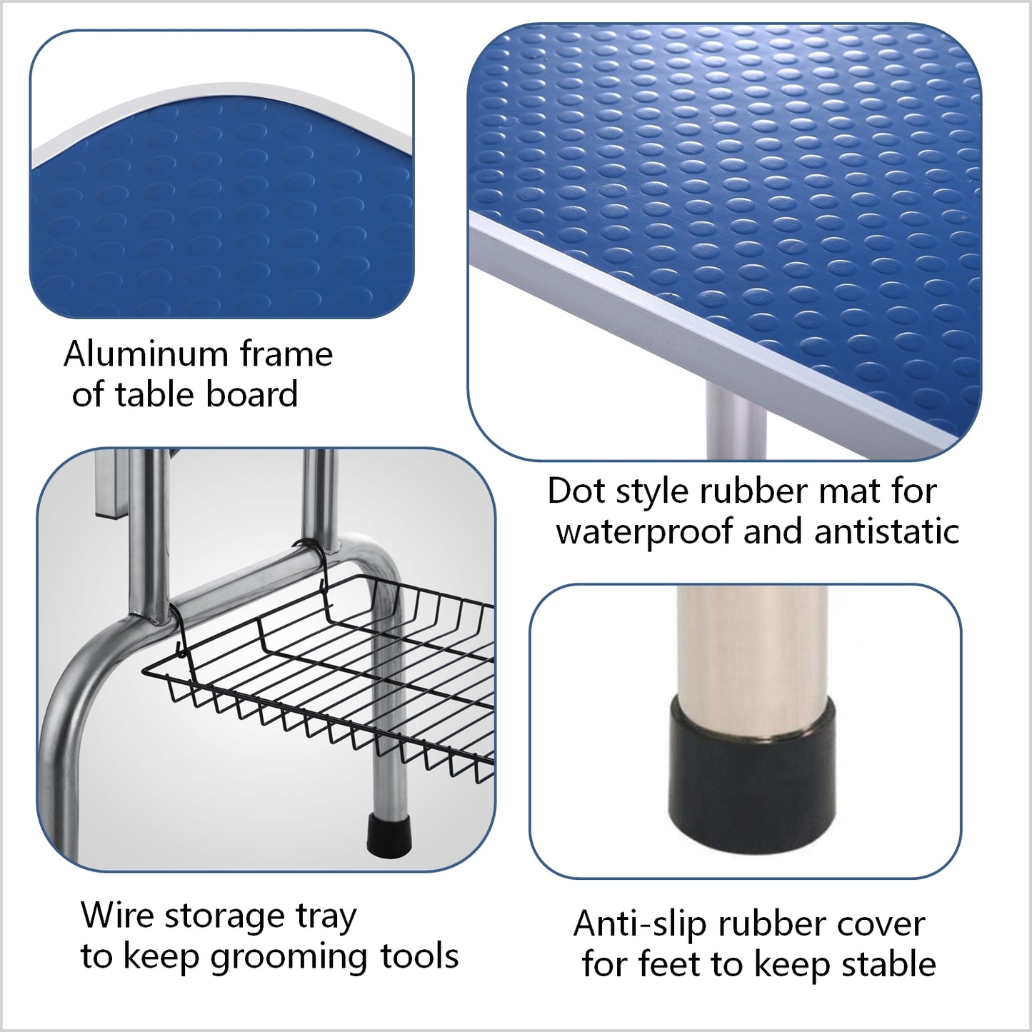 Blue rubber mat with raised dots on aluminum grooming table board for traction