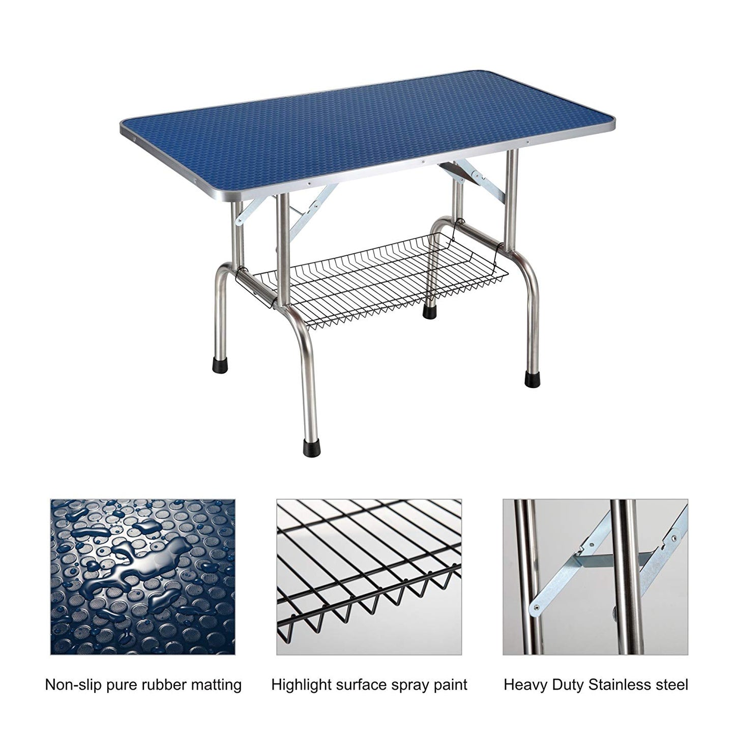Blue textured grooming table with stainless steel legs and wire shelf for pet supplies