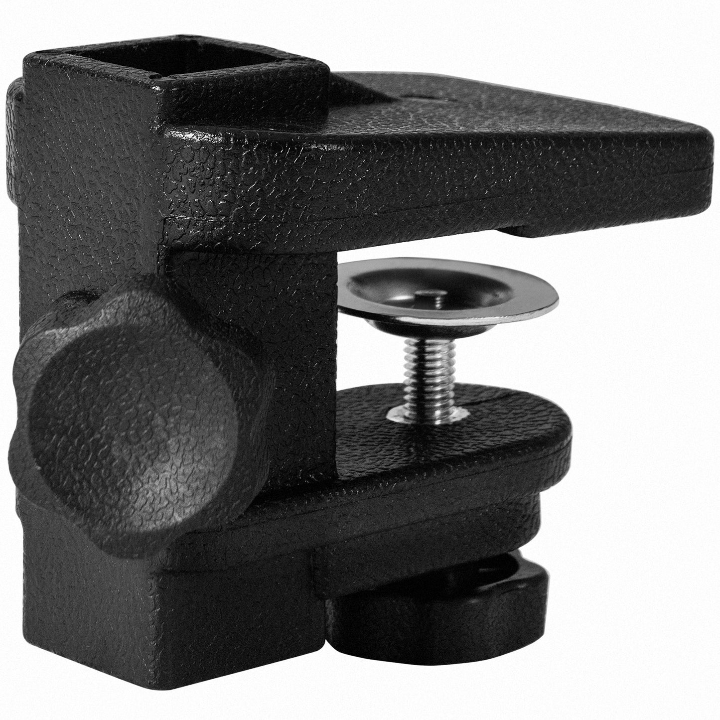 Black metal table clamp with adjustable knob and silver screw for studio equipment