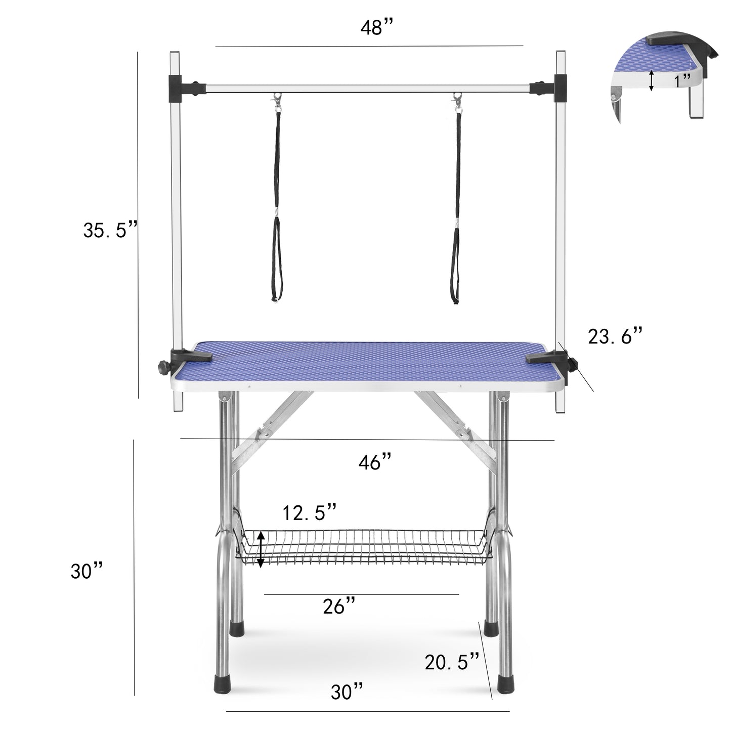 Adjustable grooming table with blue textured surface and hanging restraints x