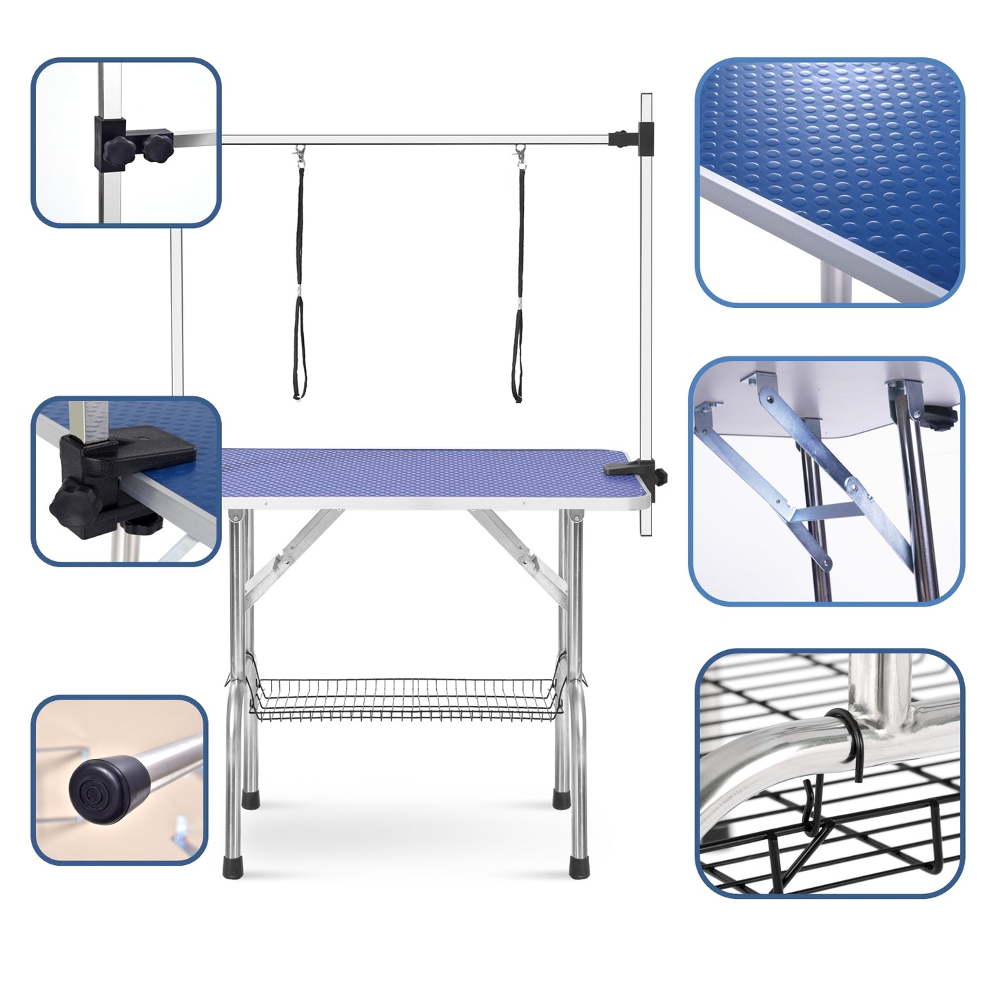 Adjustable grooming table with blue nonslip surface and adjustable straps for pets