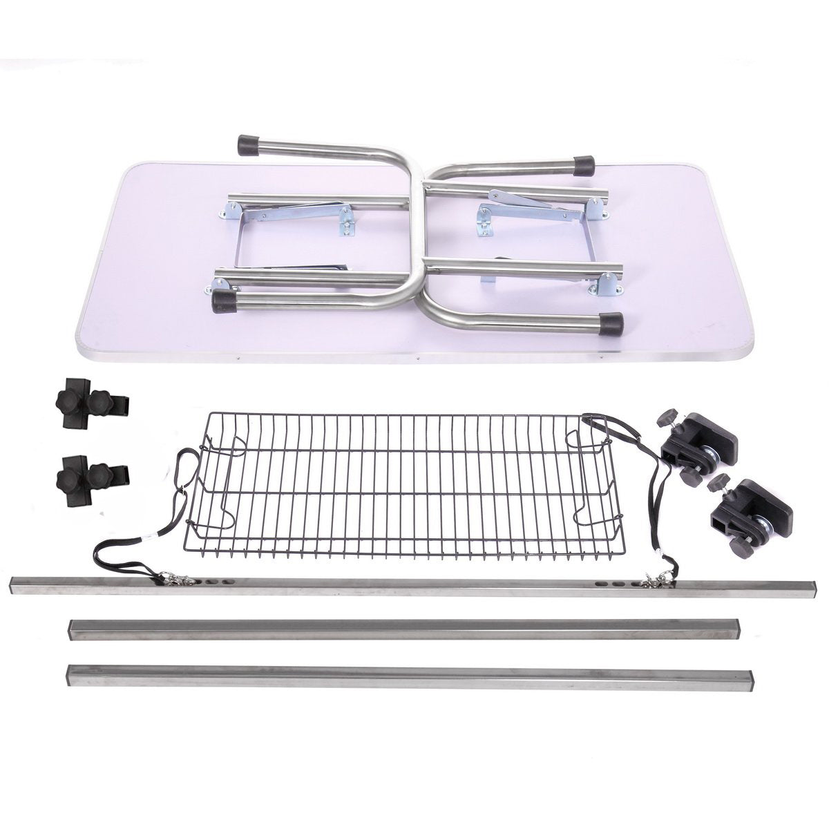 White folding table with silver metal legs and accessories