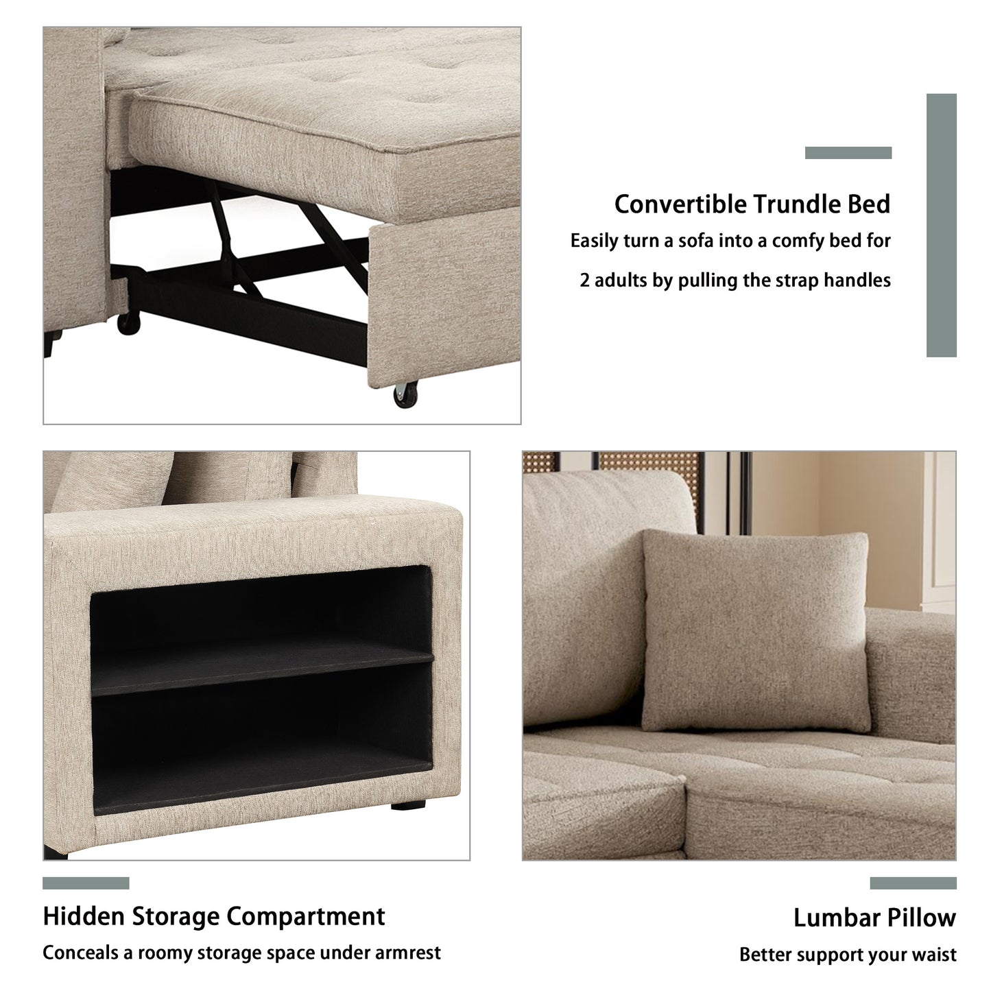 Beige fabric sofa in trundle bed mode with visible pull straps and wheels