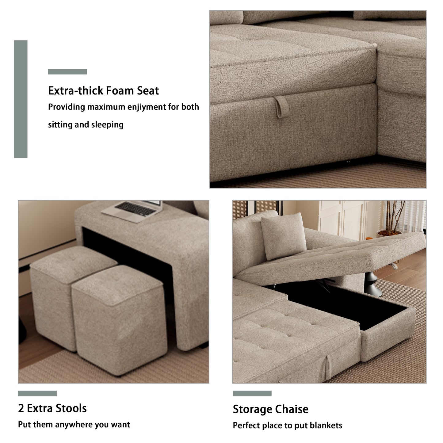 Taupe fabric sectional sofa with extrathick foam seats for comfort and durability