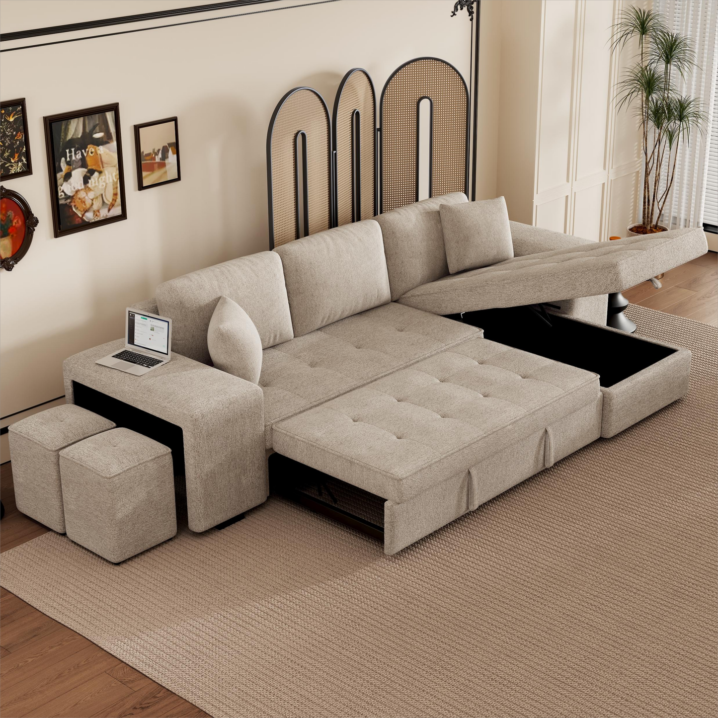 Beige sectional sofa with chaise lounge and hidden storage ideal for modern living rooms