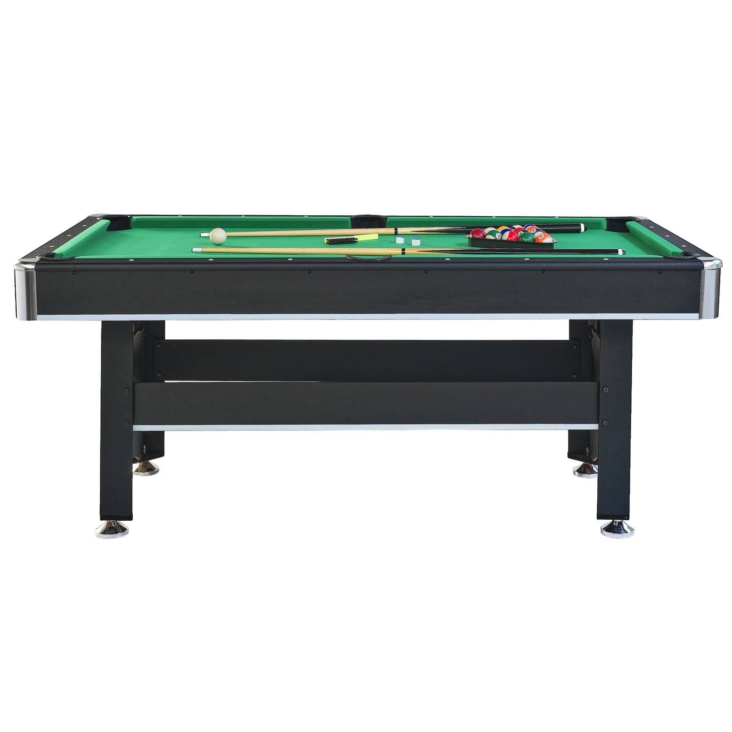 Black slate pool table with green felt and complete billiard accessories for home game rooms