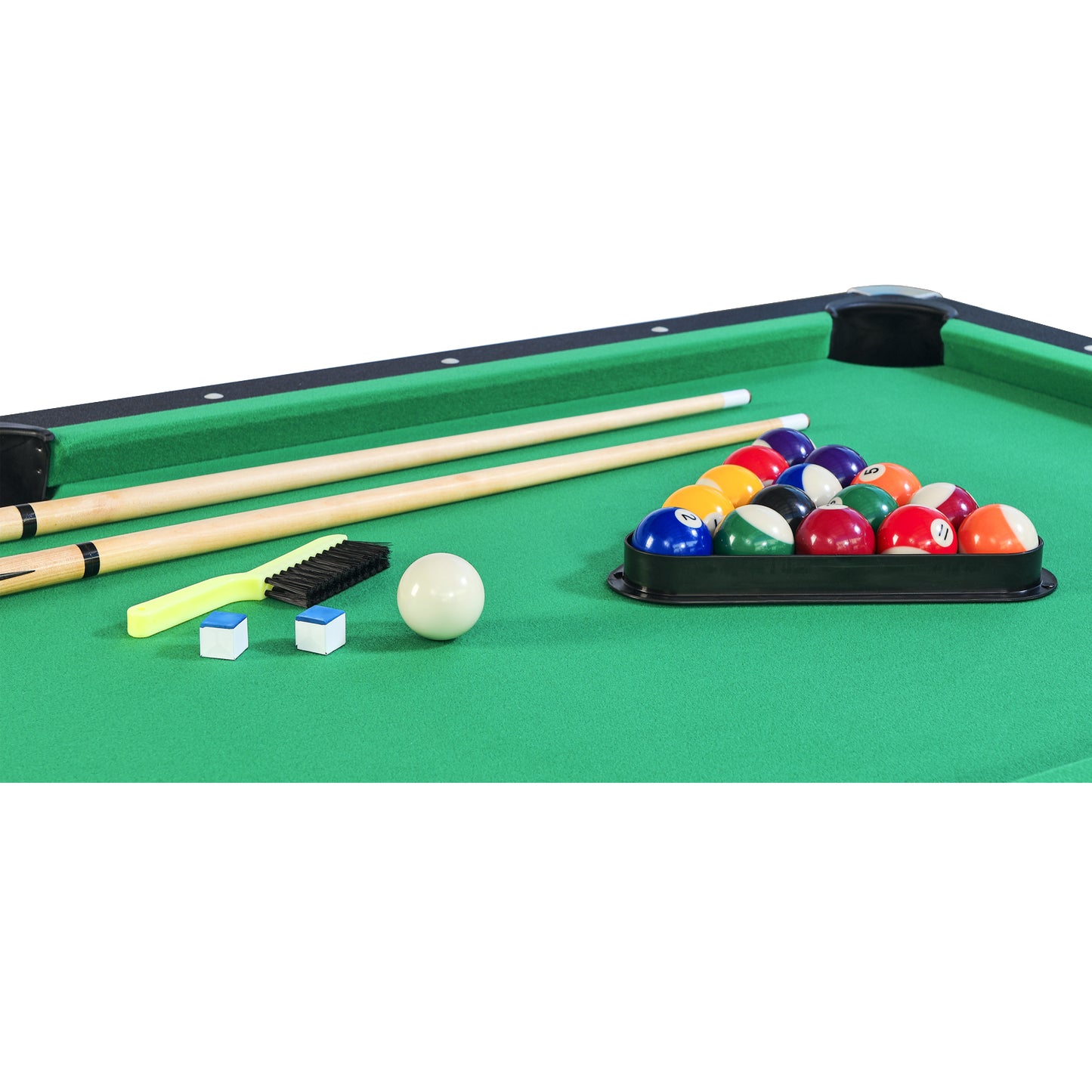 Colorful billiard balls racked in a triangle on a green felt pool table with cues