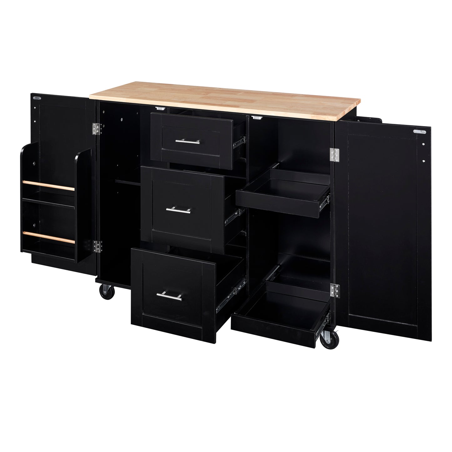 Black kitchen cart with natural wood top and open drawers