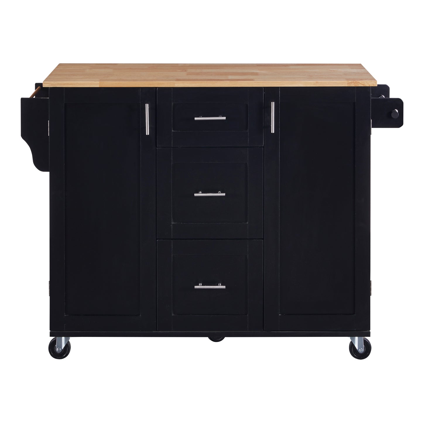 Black kitchen island with natural wood countertop and chrome handles
