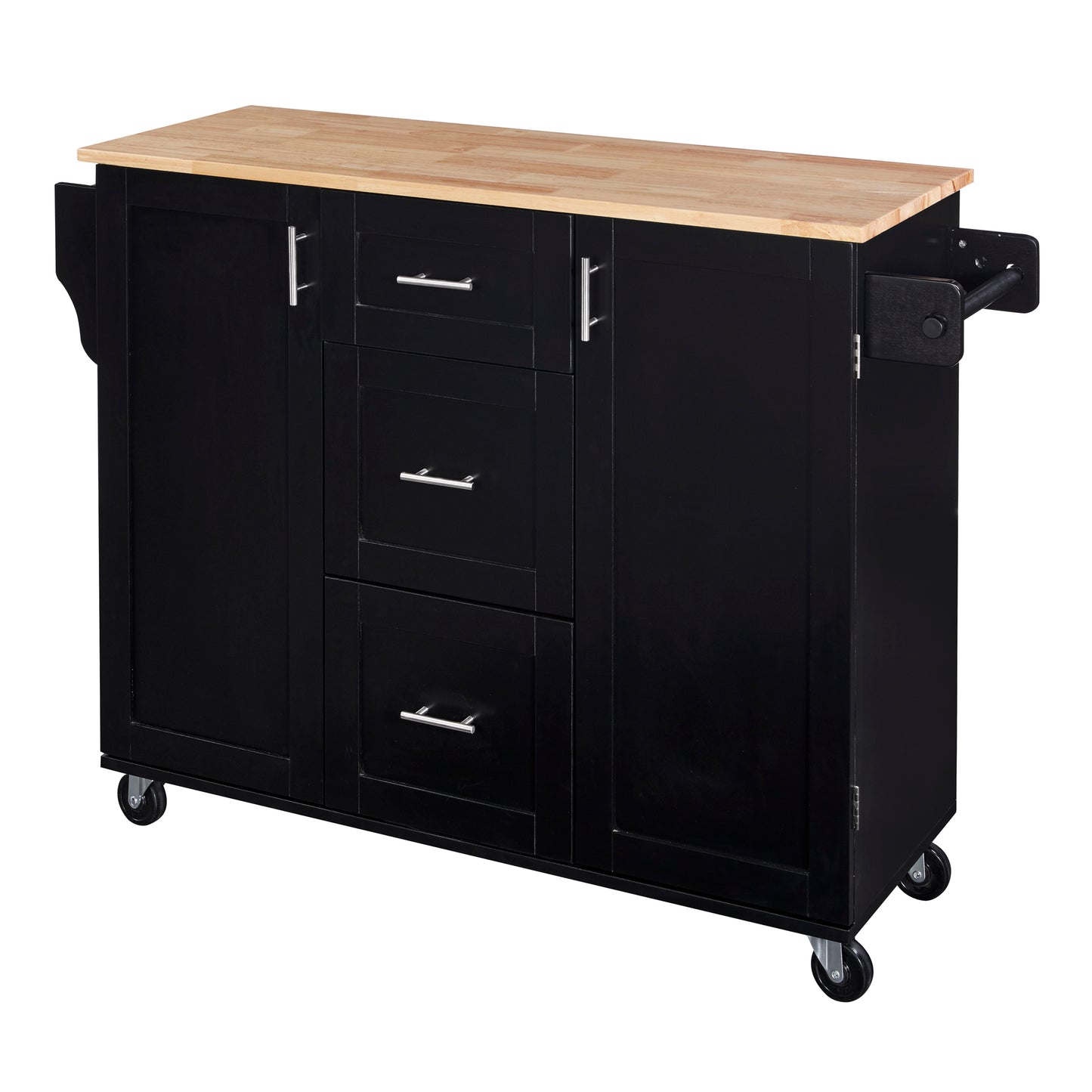 Black kitchen island with butcher block top and casters