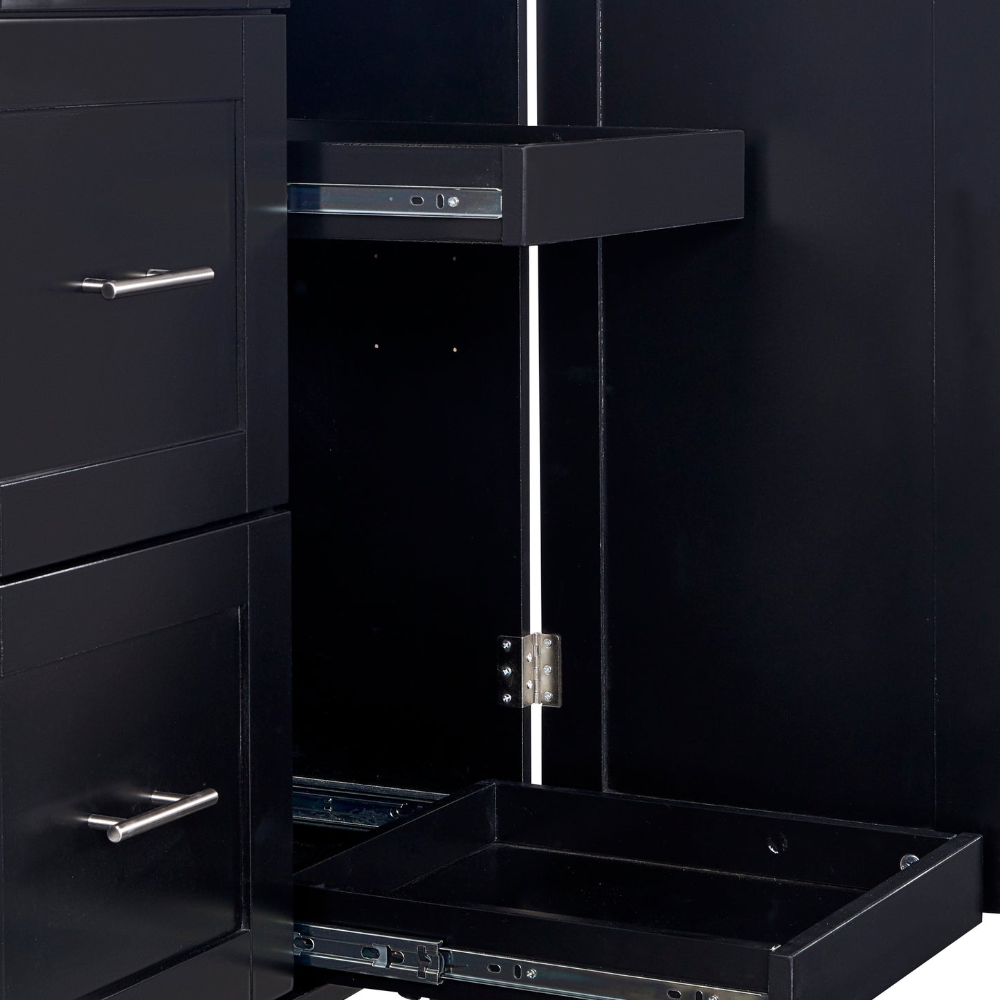 Black wooden vanity cabinet with brushed nickel drawer pulls