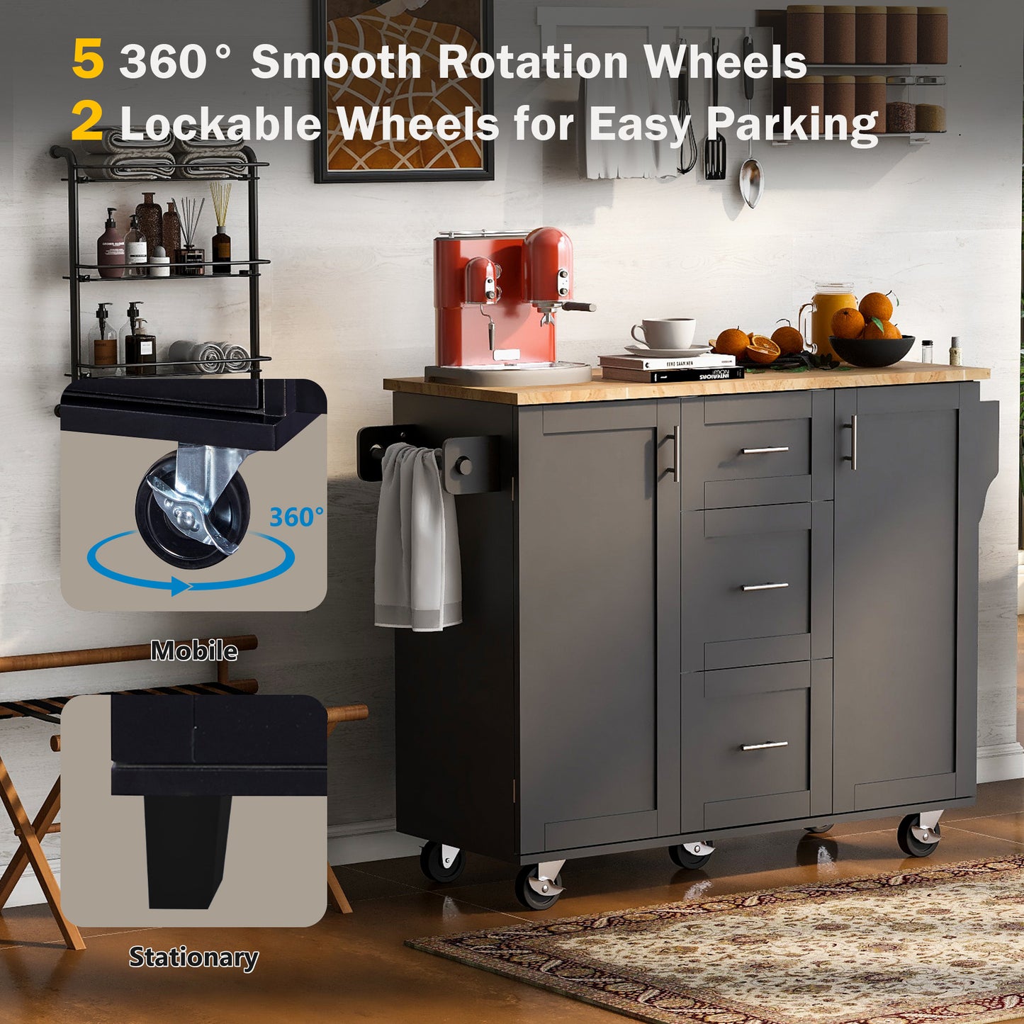 Dark gray kitchen island cart featuring a butcher block top five smooth rotation wheels and two lockable wheels for easy parking