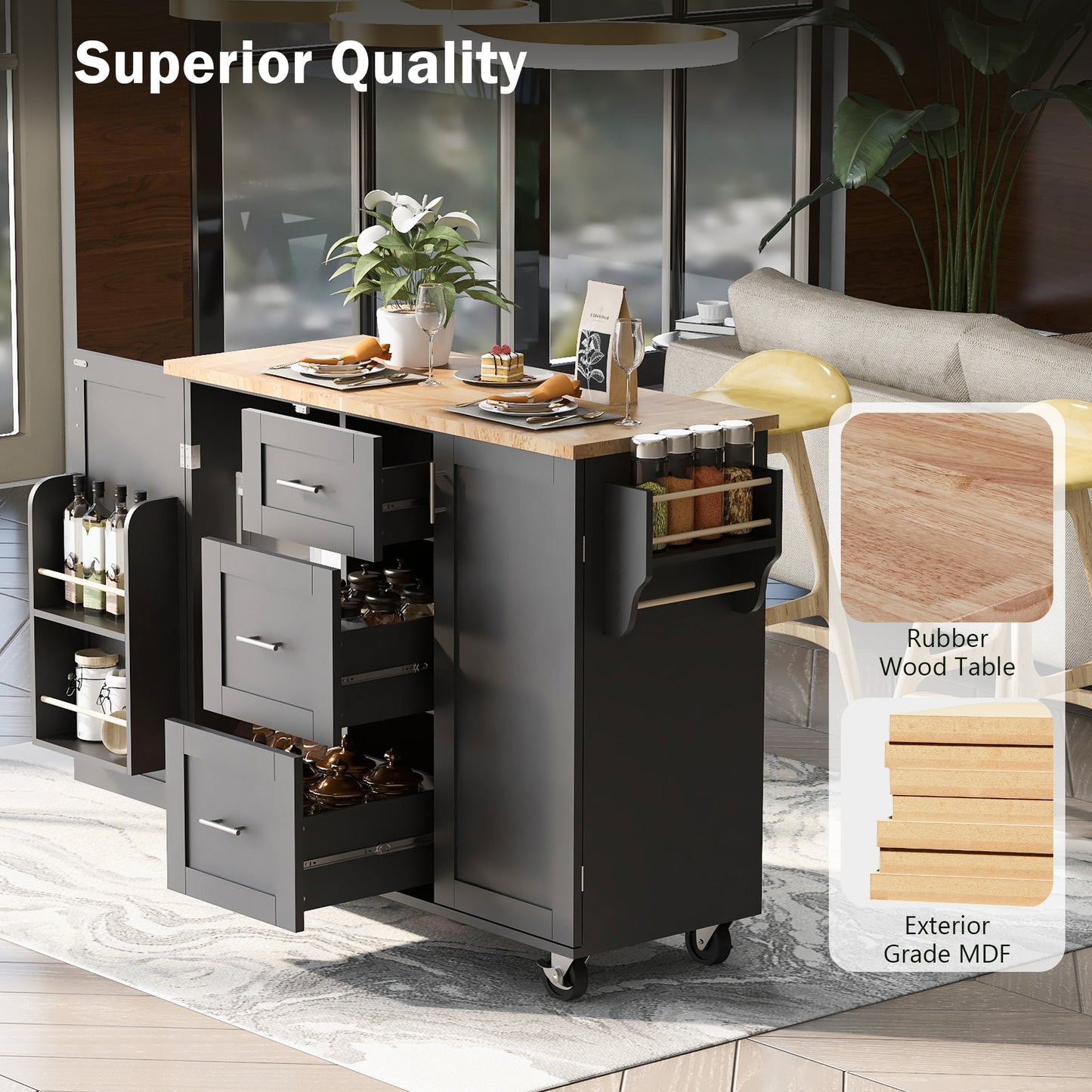 Black kitchen island with rubber wood table top and pullout spice rack