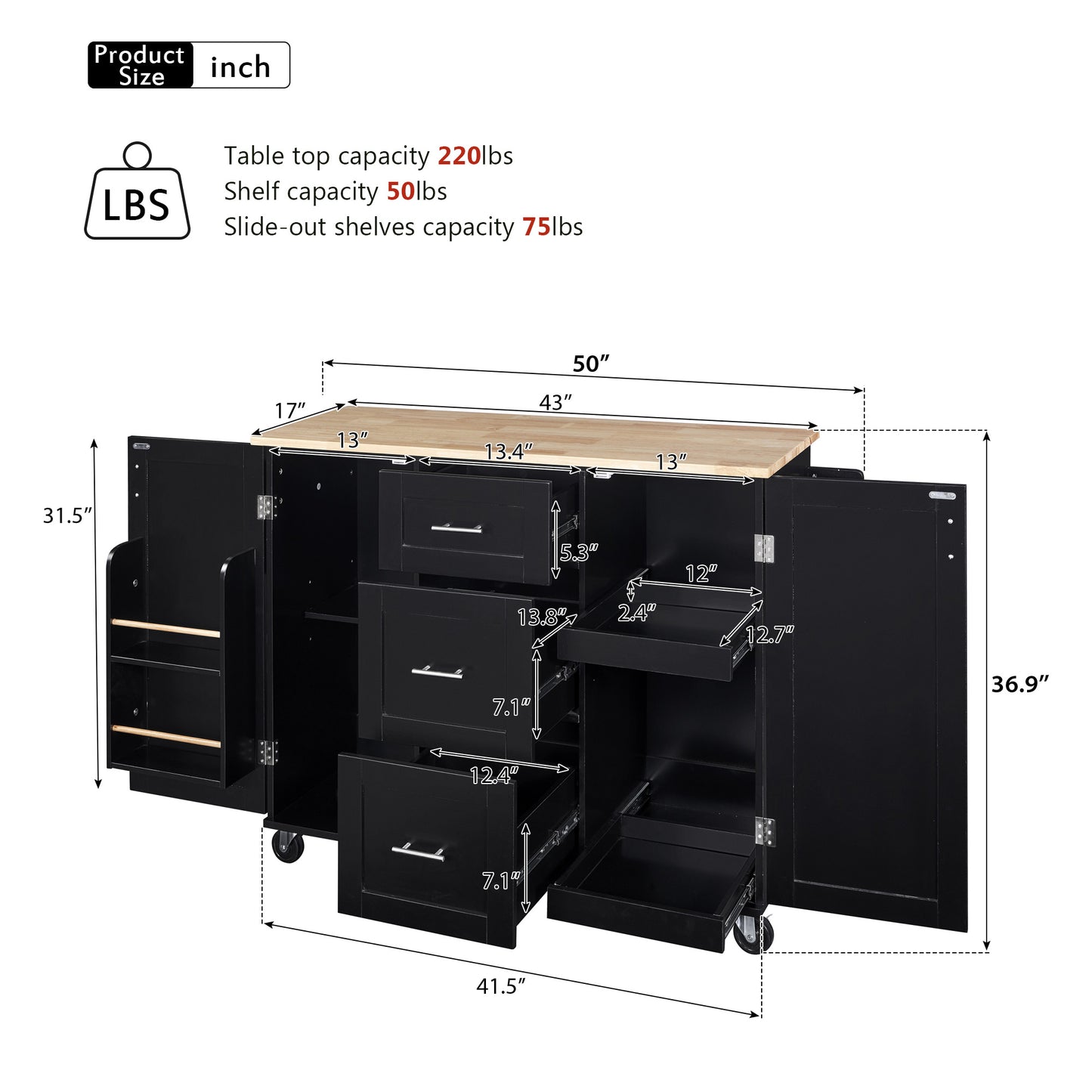 Black kitchen island cart with butcher block top inch width