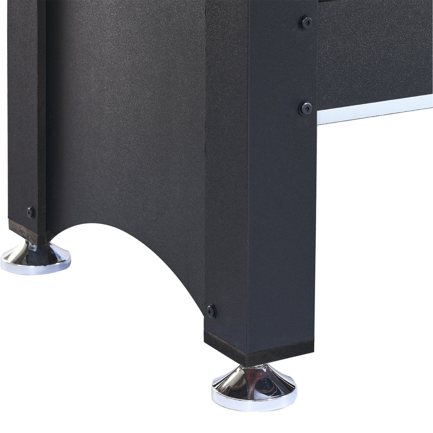 Black textured metal table leg with polished chrome adjustable foot for stability