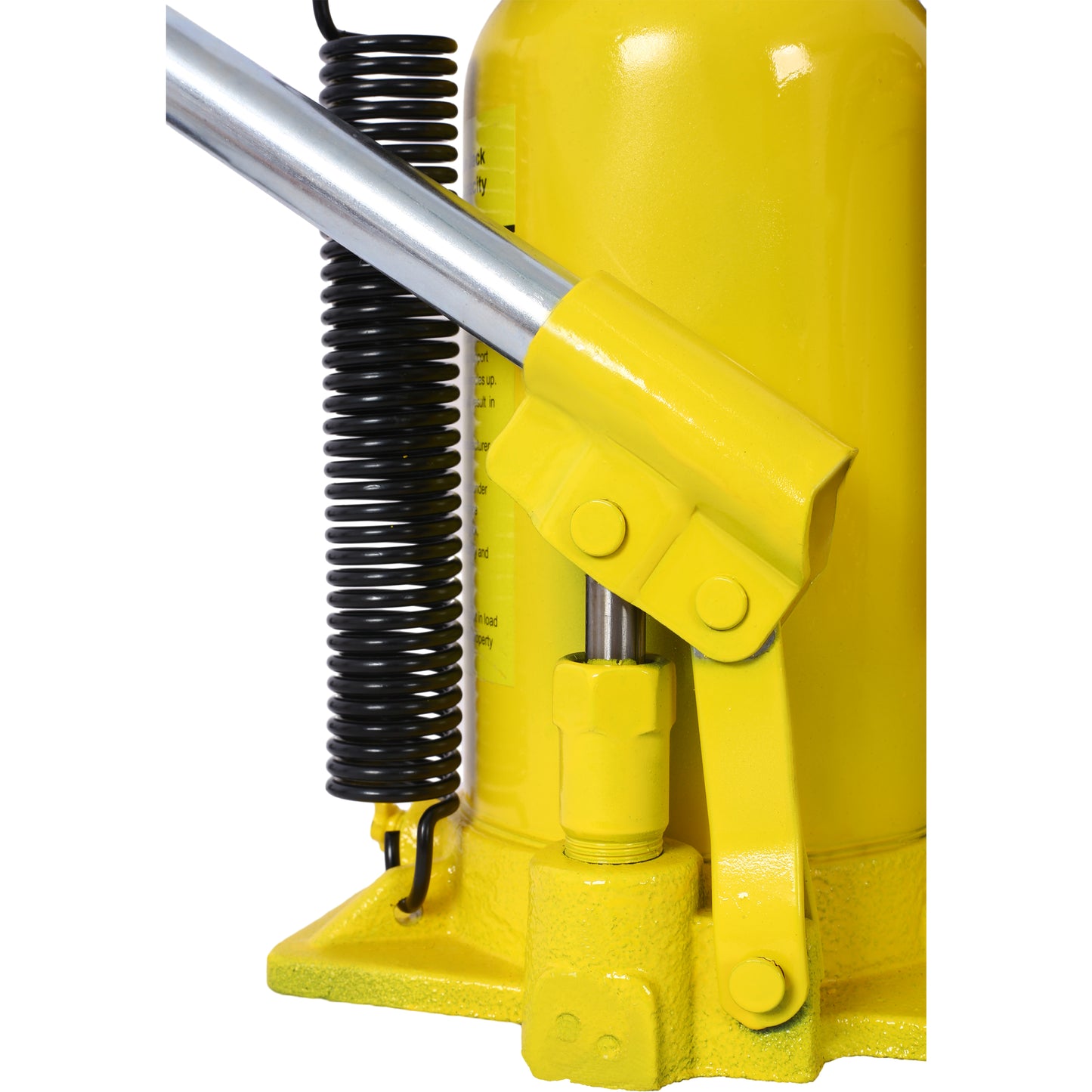 Closeup of yellow hydraulic bottle jack base with a silver lever and black spring
