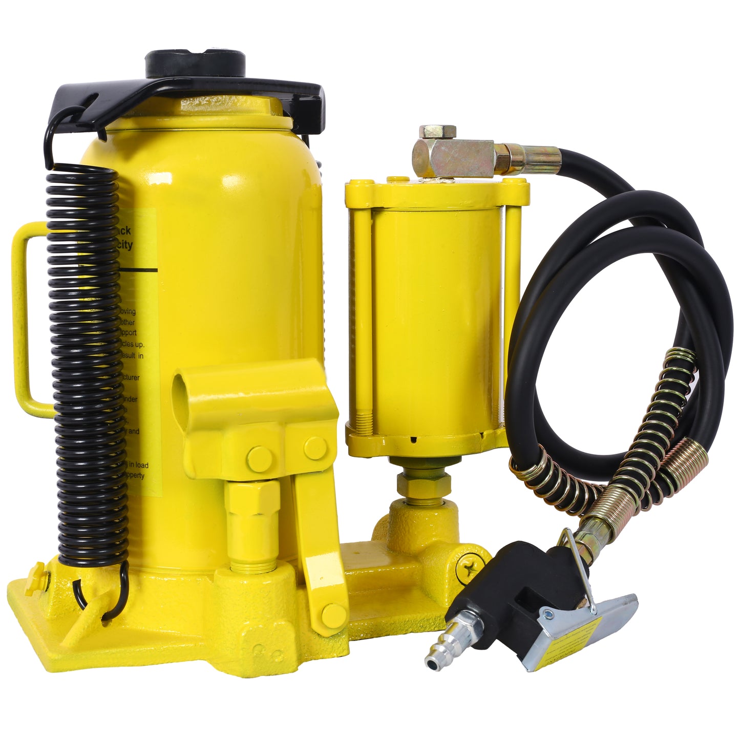 Yellow ton air hydraulic bottle jack with a black coiled spring and black hose