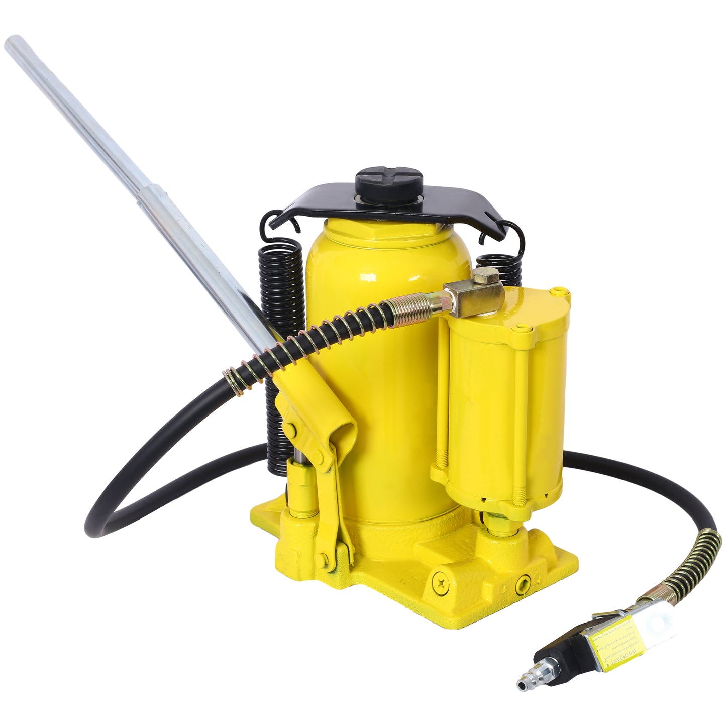 Yellow ton hydraulic bottle jack with air pump hose for automotive repair