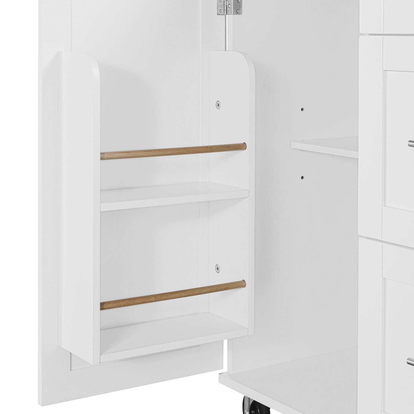 White kitchen cart with open shelves and wooden towel bar