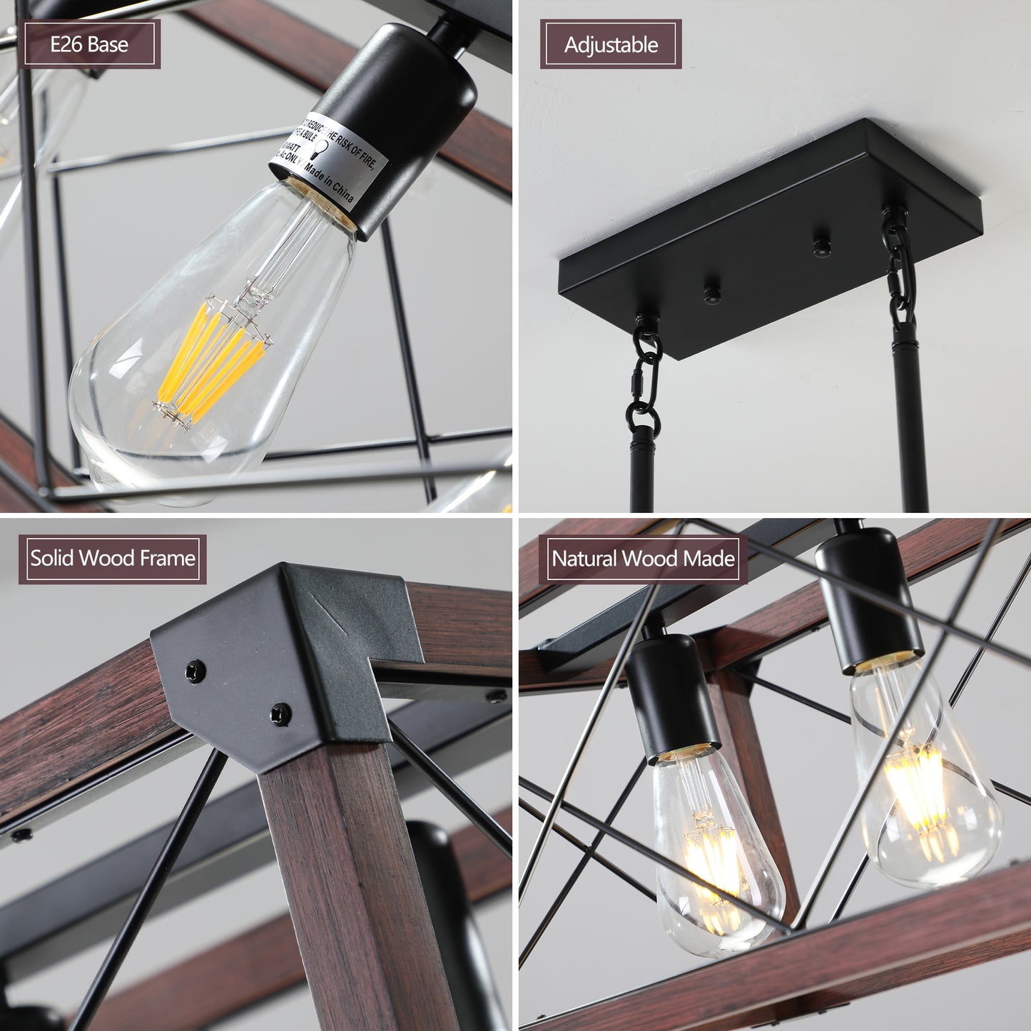 E base Edison bulb with exposed filament part of a black metal chandelier