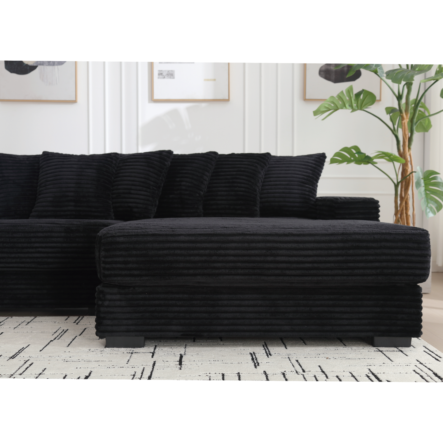 Black corduroy sectional sofa with plush cushions modern living room furniture