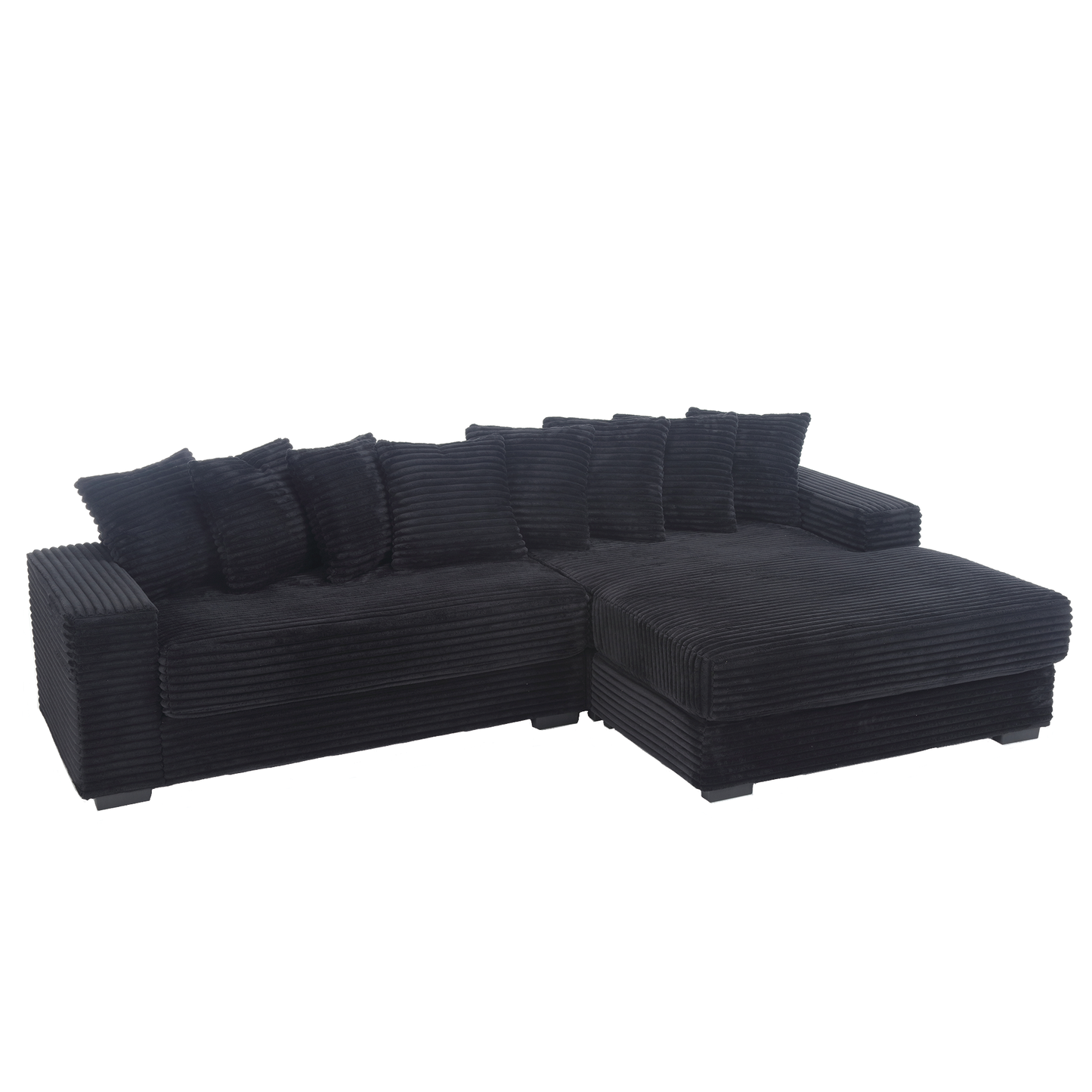 Black corduroy sectional sofa with matching throw pillows perfect for modern living rooms