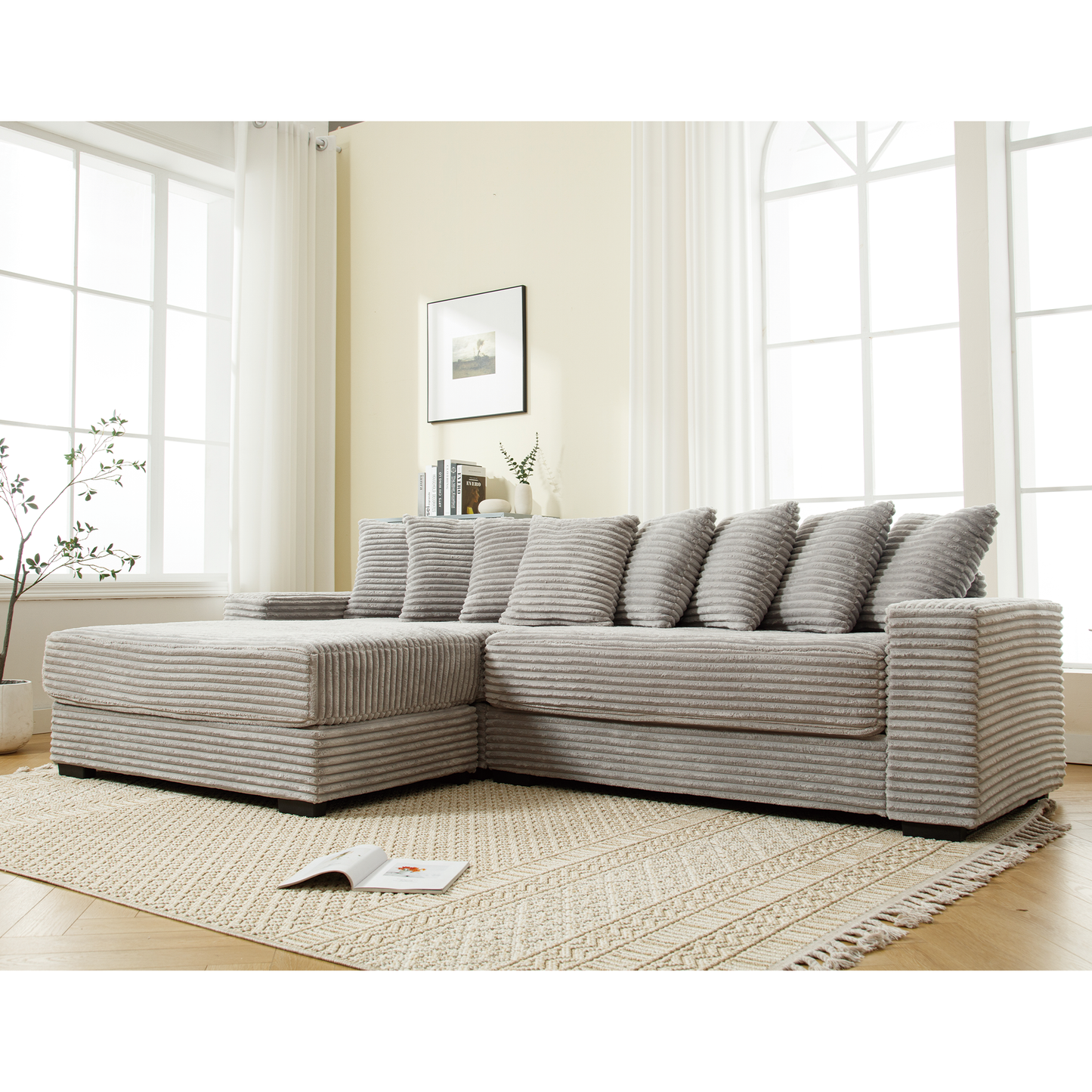 Cozy grey corduroy sectional sofa with plush cushions for modern living rooms