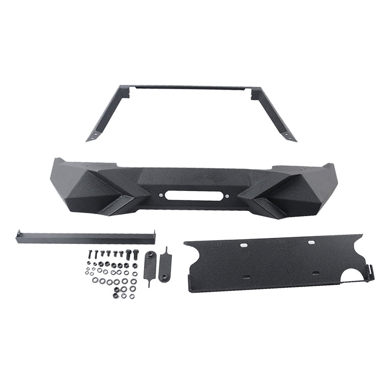 Black steel offroad bumper kit with winch cutout and mounting hardware
