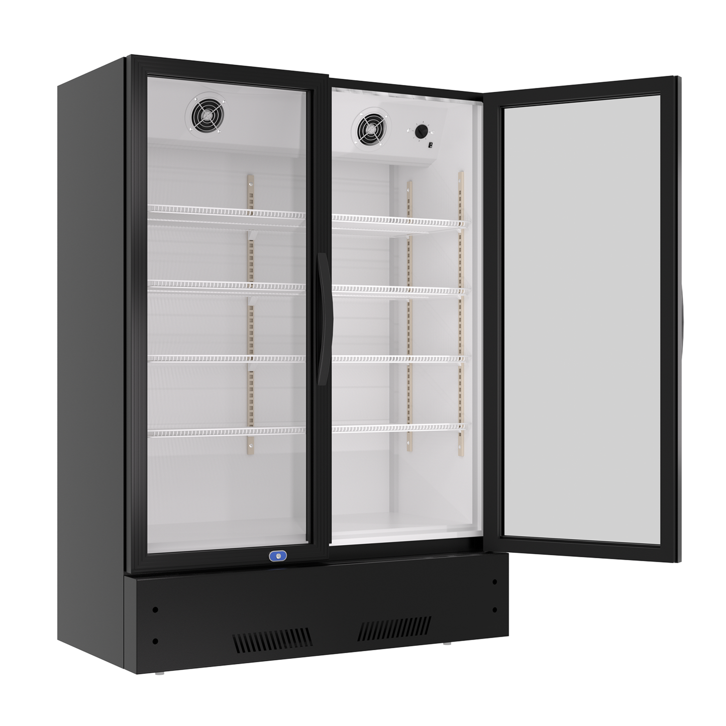 Black doubledoor commercial refrigerator with glass front and adjustable shelves