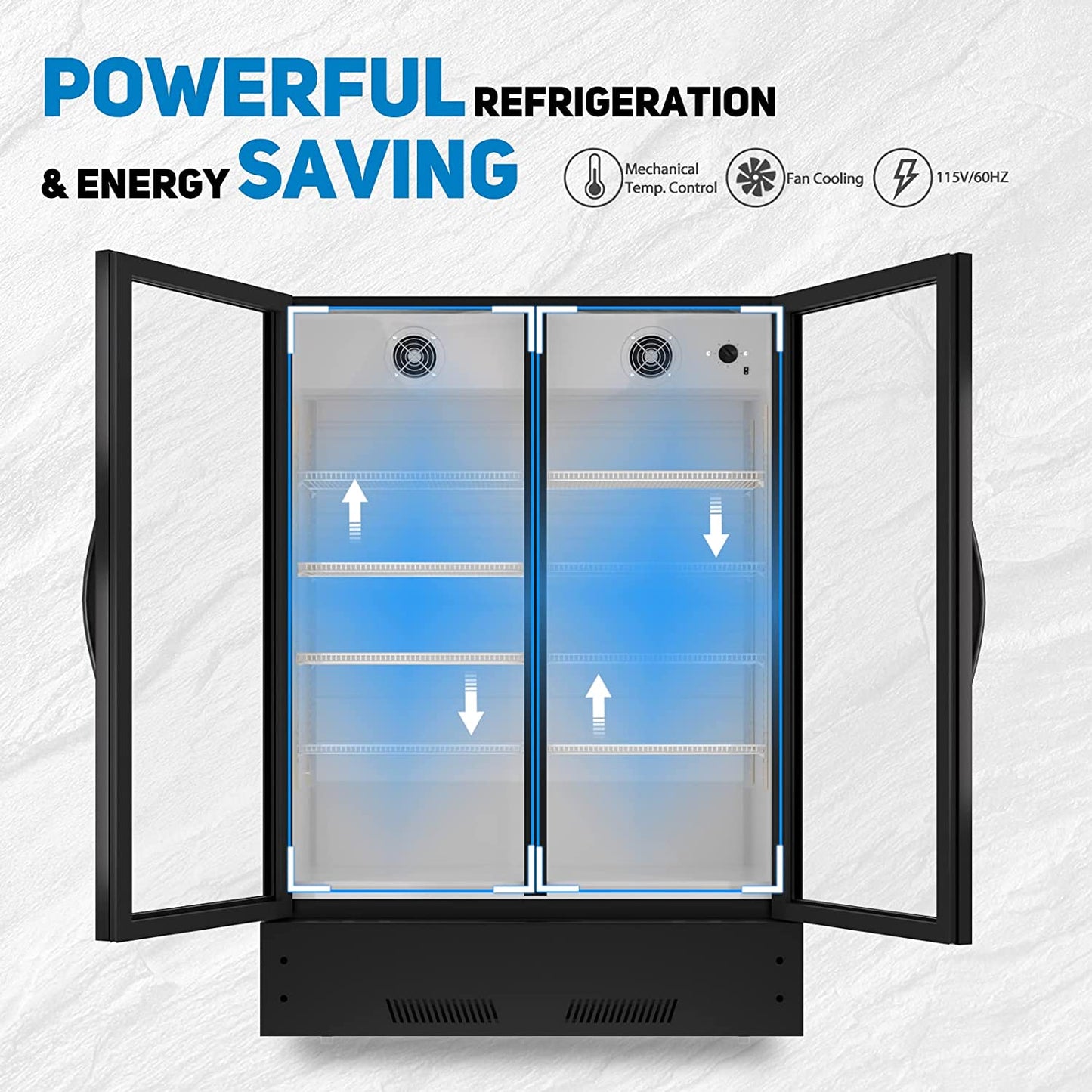 Black doubledoor beverage cooler with illuminated interior and airflow indicators