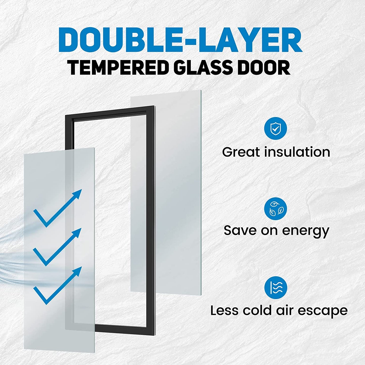 Diagram of a doublelayer tempered glass door showing insulation benefits