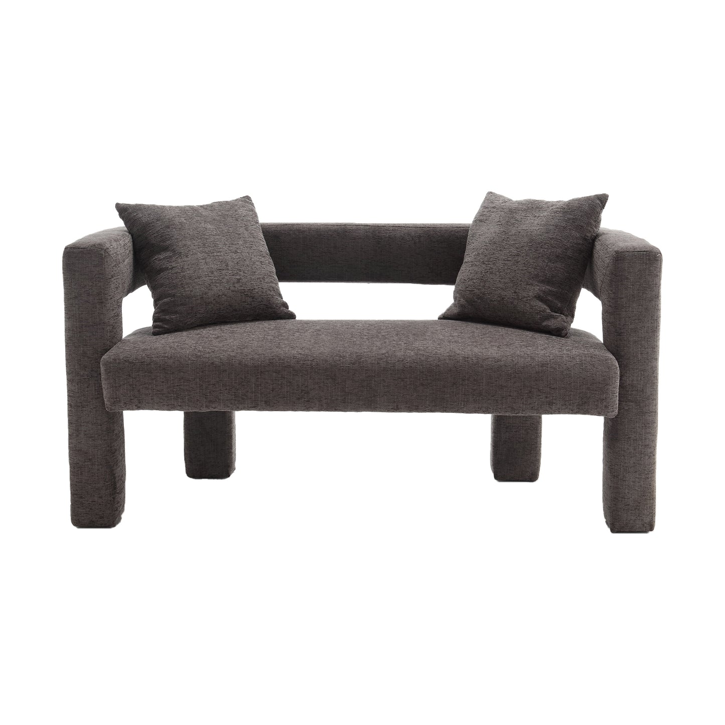Modern dark gray fabric loveseat with two throw pillows inches wide