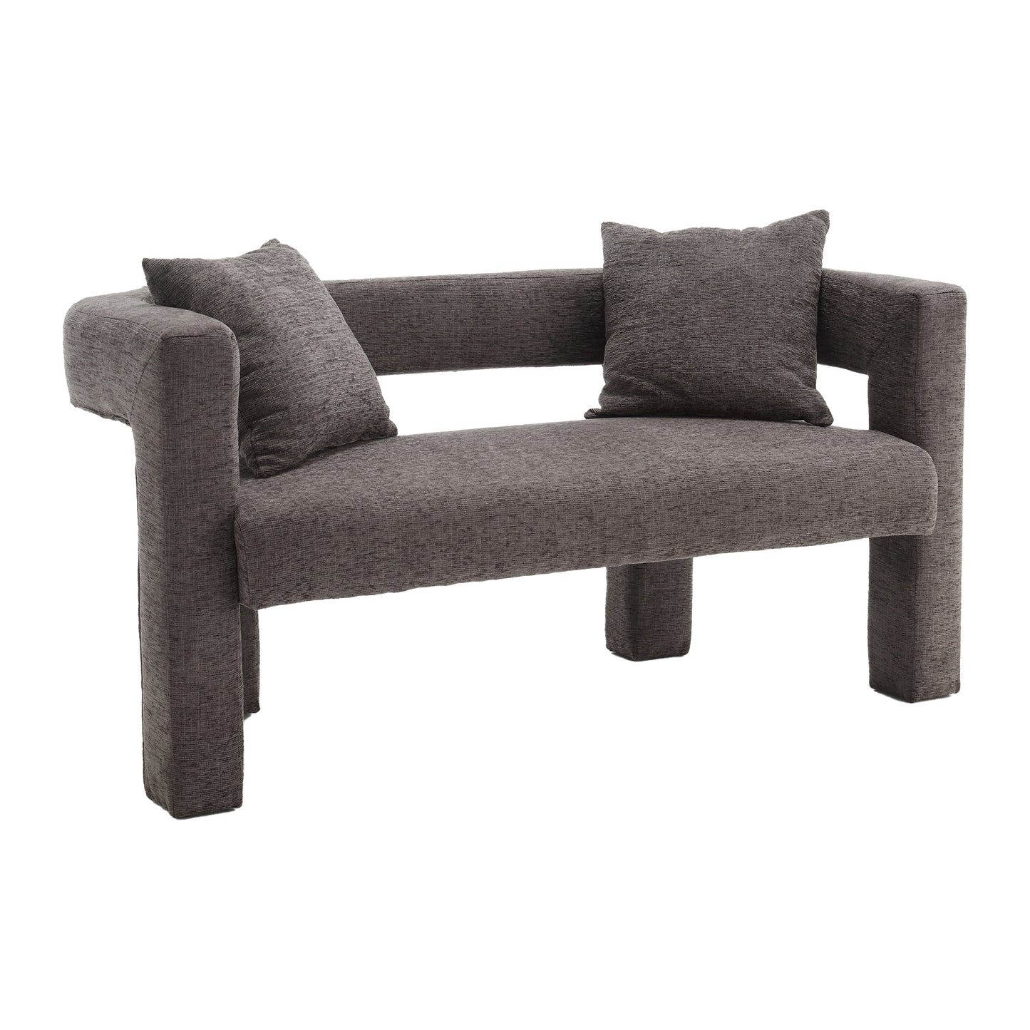 Modern dark gray fabric loveseat with textured upholstery and two accent pillows
