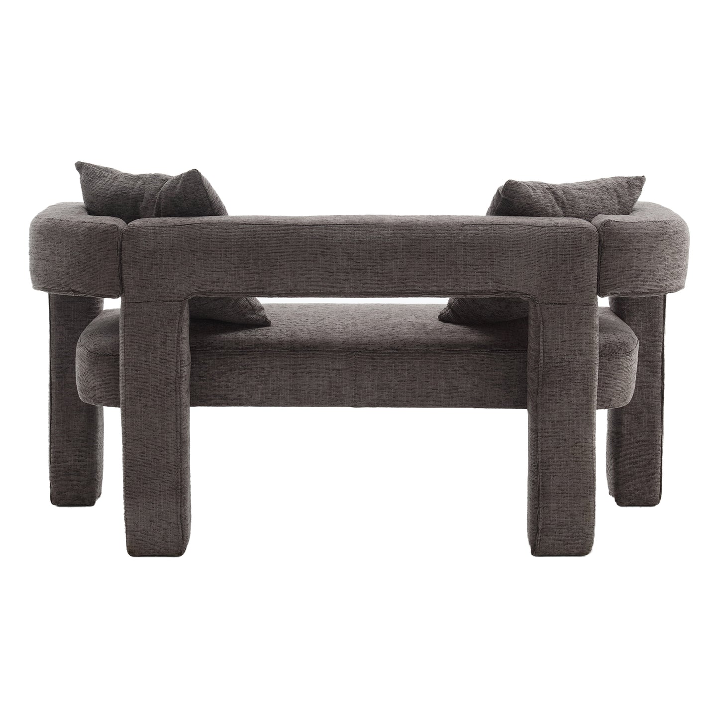Modern gray fabric accent chair with thick square legs and plush cushions perfect for a living room