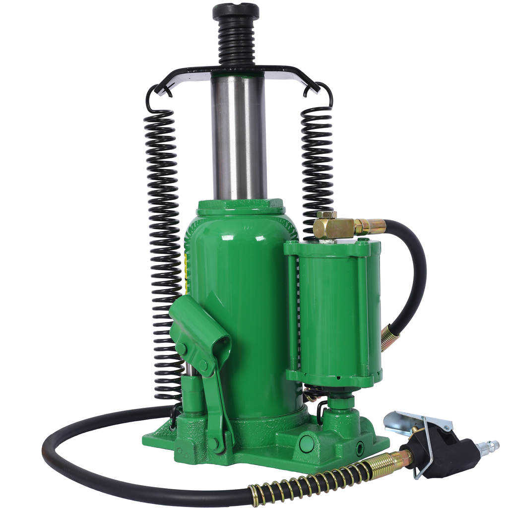Green air hydraulic bottle jack with silver ram and black hose