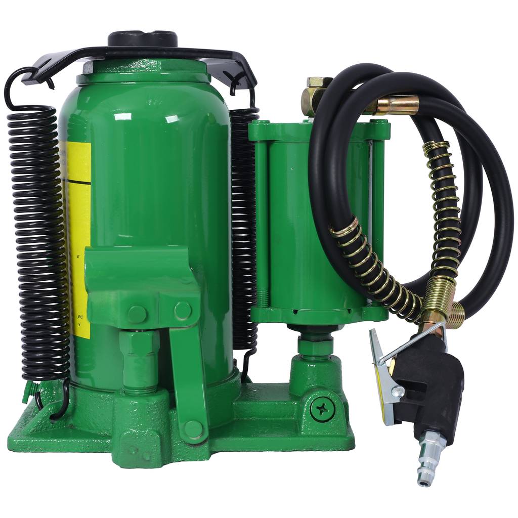 Green ton airoverhydraulic bottle jack with compressed air hose and quick connect fitting for automotive use