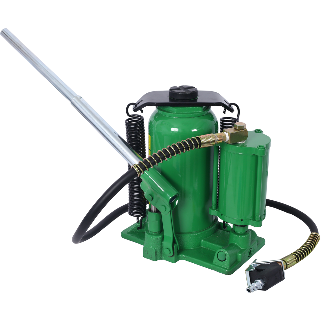 Green ton hydraulic bottle jack with metal handle and air hose for vehicle lifting