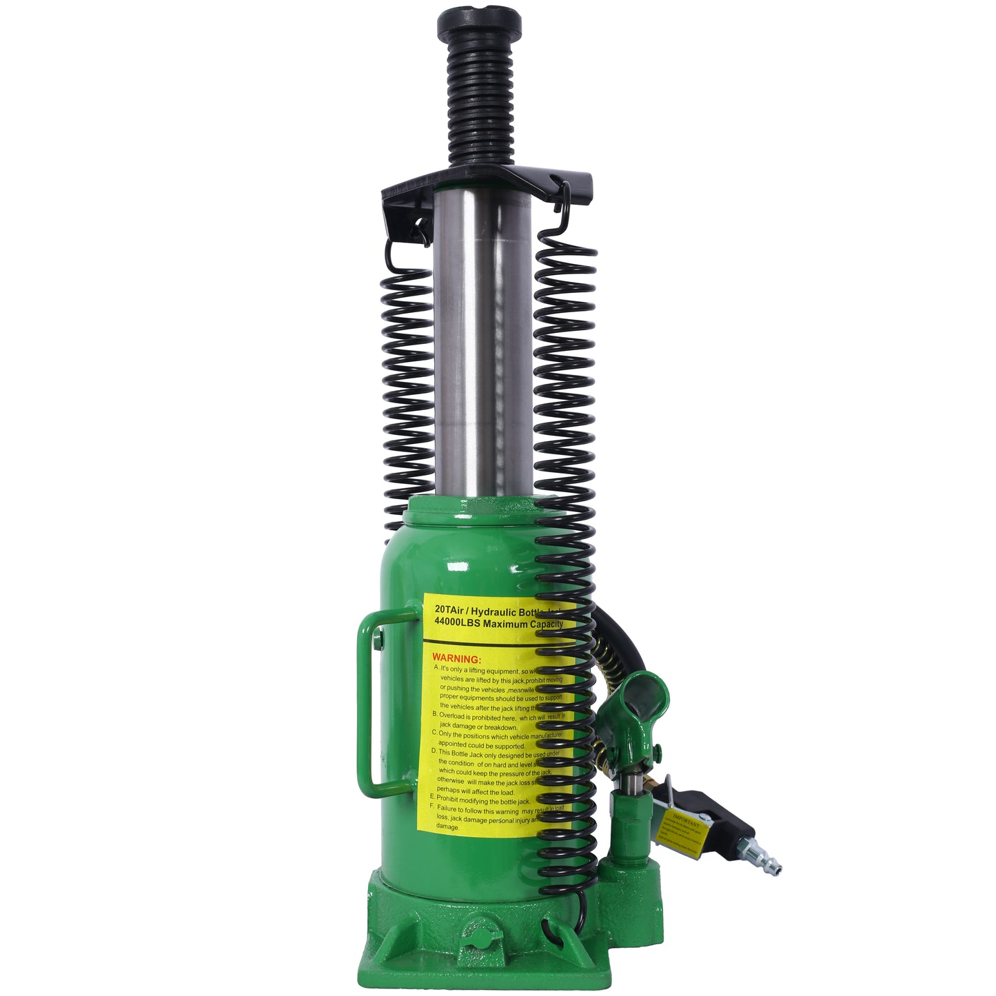 Green ton air hydraulic bottle jack with warning label and metal spring