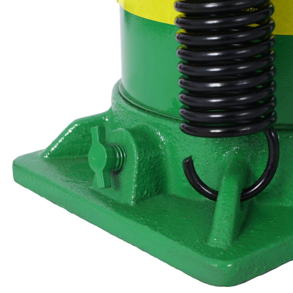 Green hydraulic bottle jack base with black spring and securing pin