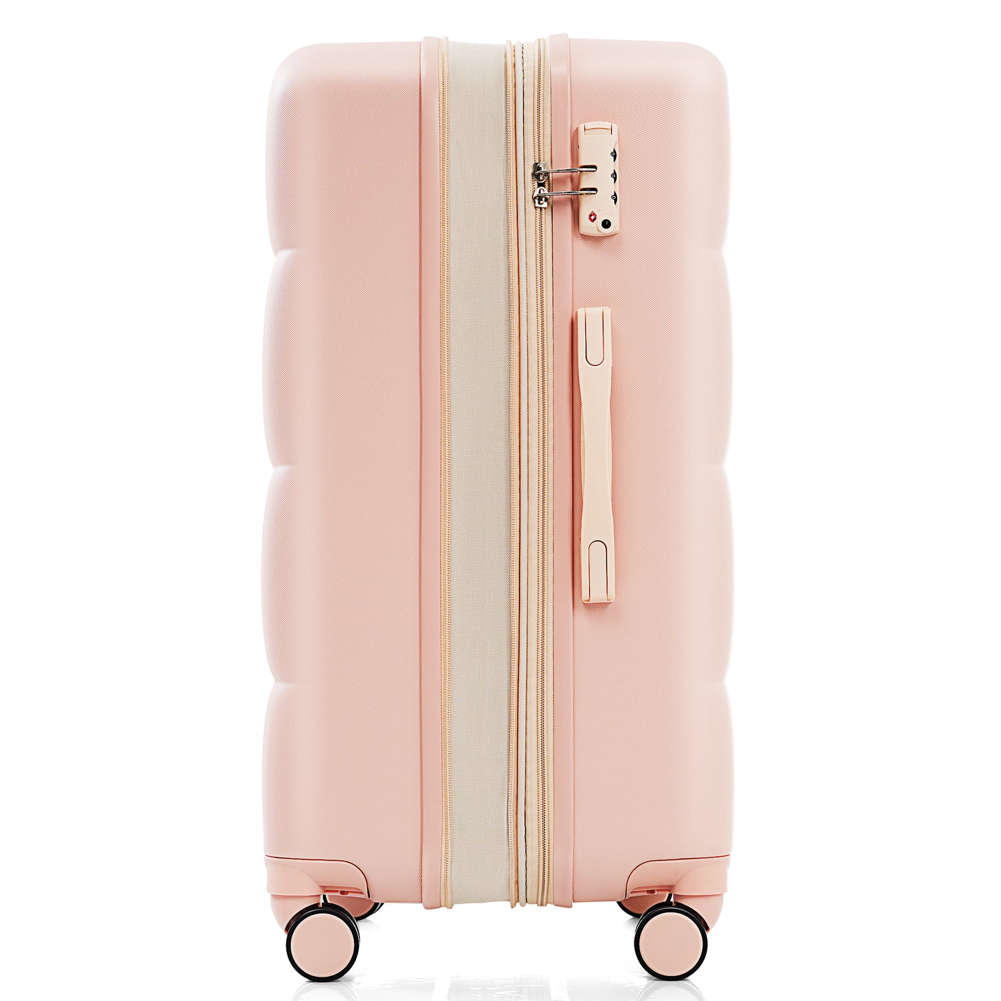 Pink hardshell suitcase with combination lock and textured surface for travel