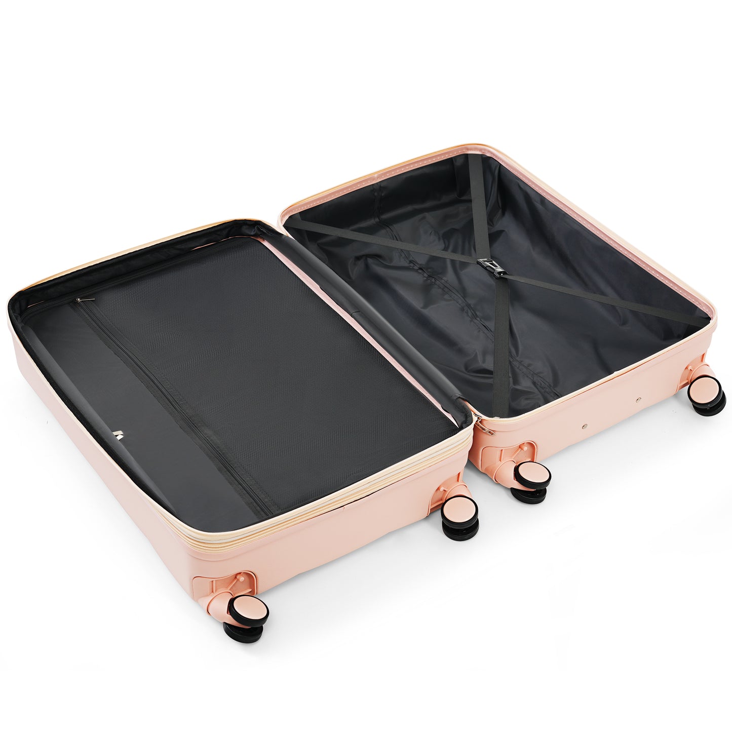 Open peach suitcase with black interior and tiedown straps