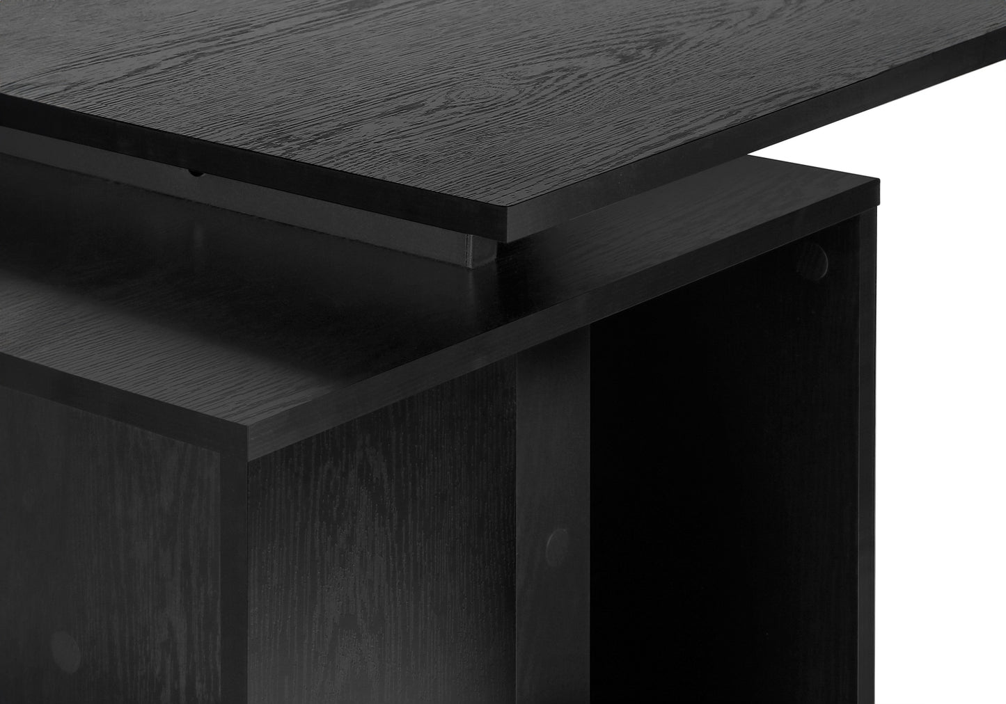 Closeup of a black wood grain desk surface and shelf