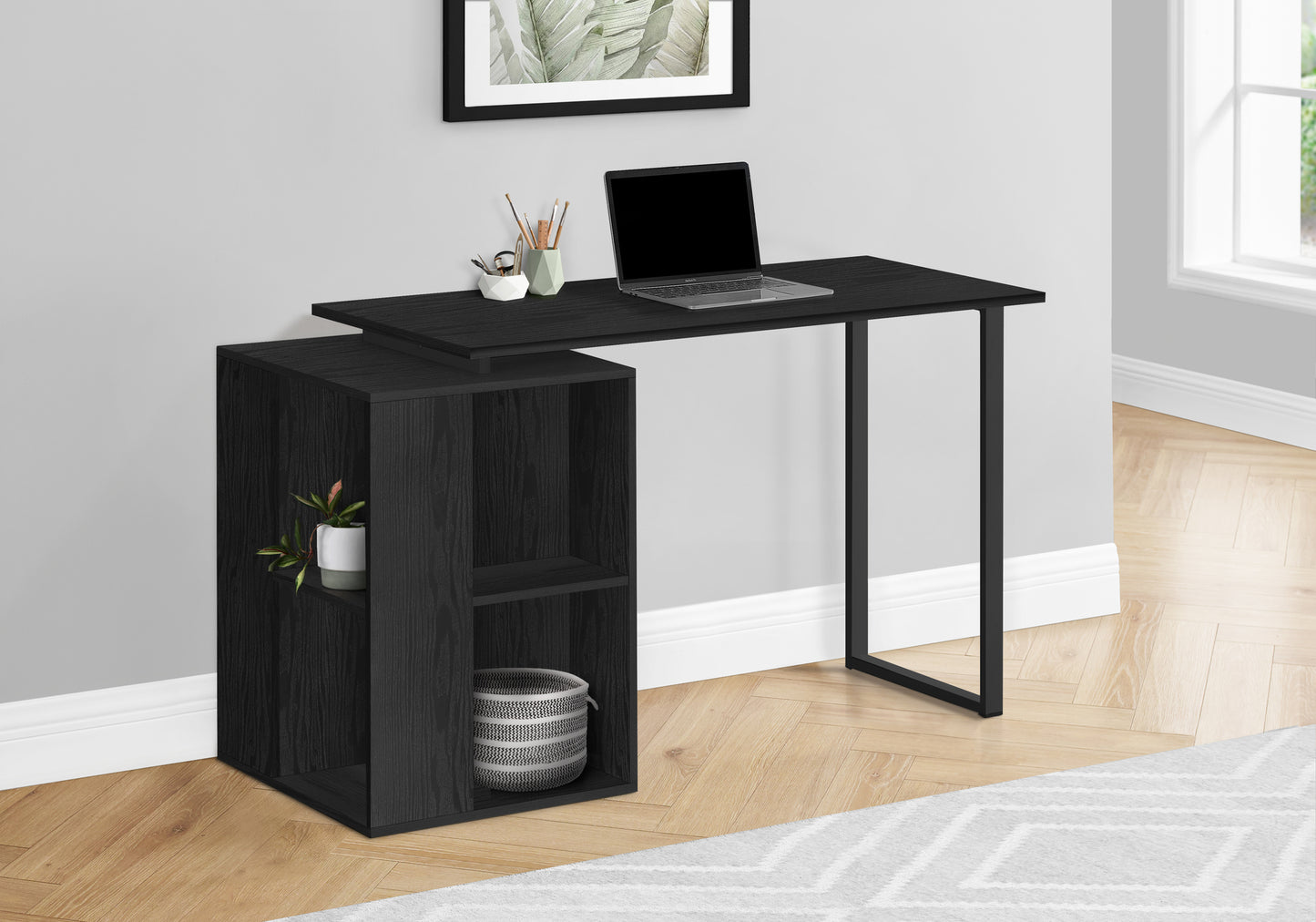 Modern black computer desk with builtin shelving and metal legs