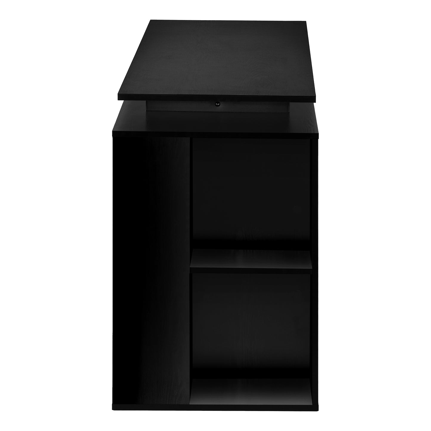 Black modern desk with open shelving and a slim top shelf