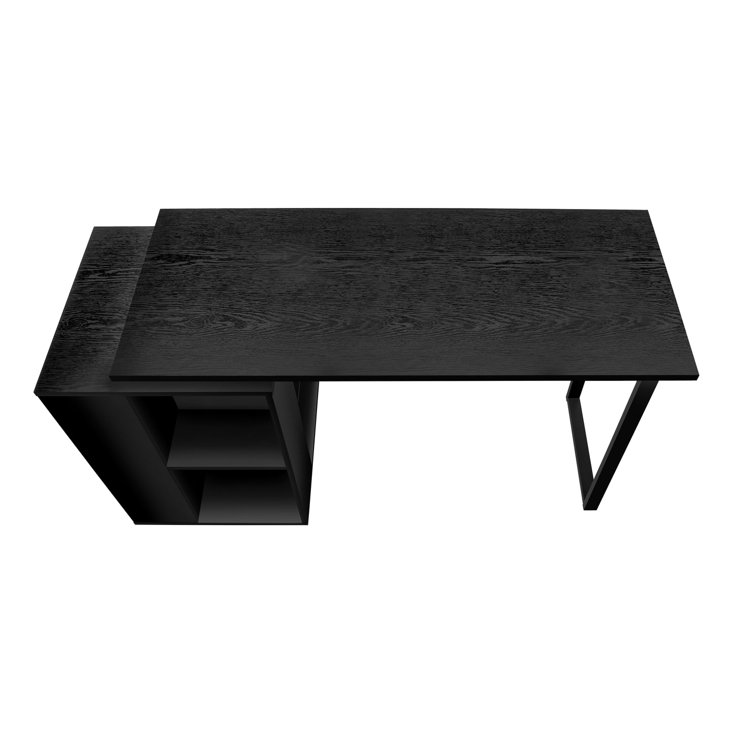Modern black wood writing desk with open shelving and metal leg
