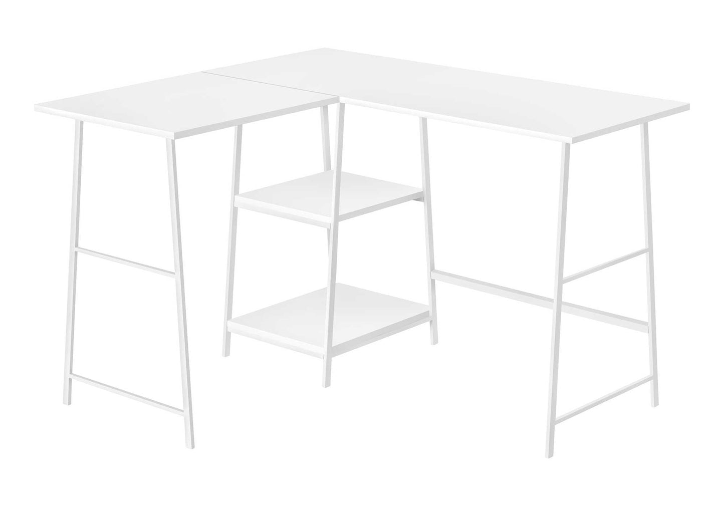White Lshaped desk with two shelves and minimalist metal frame for modern office spaces