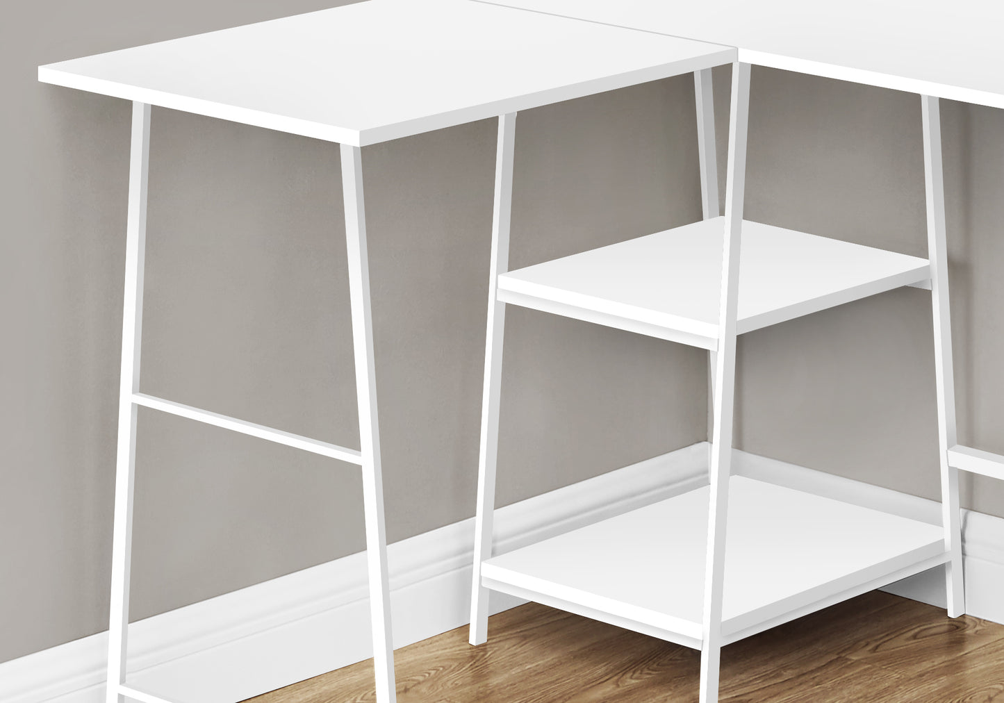 Modern white ladder desk with ample shelving for home office organization