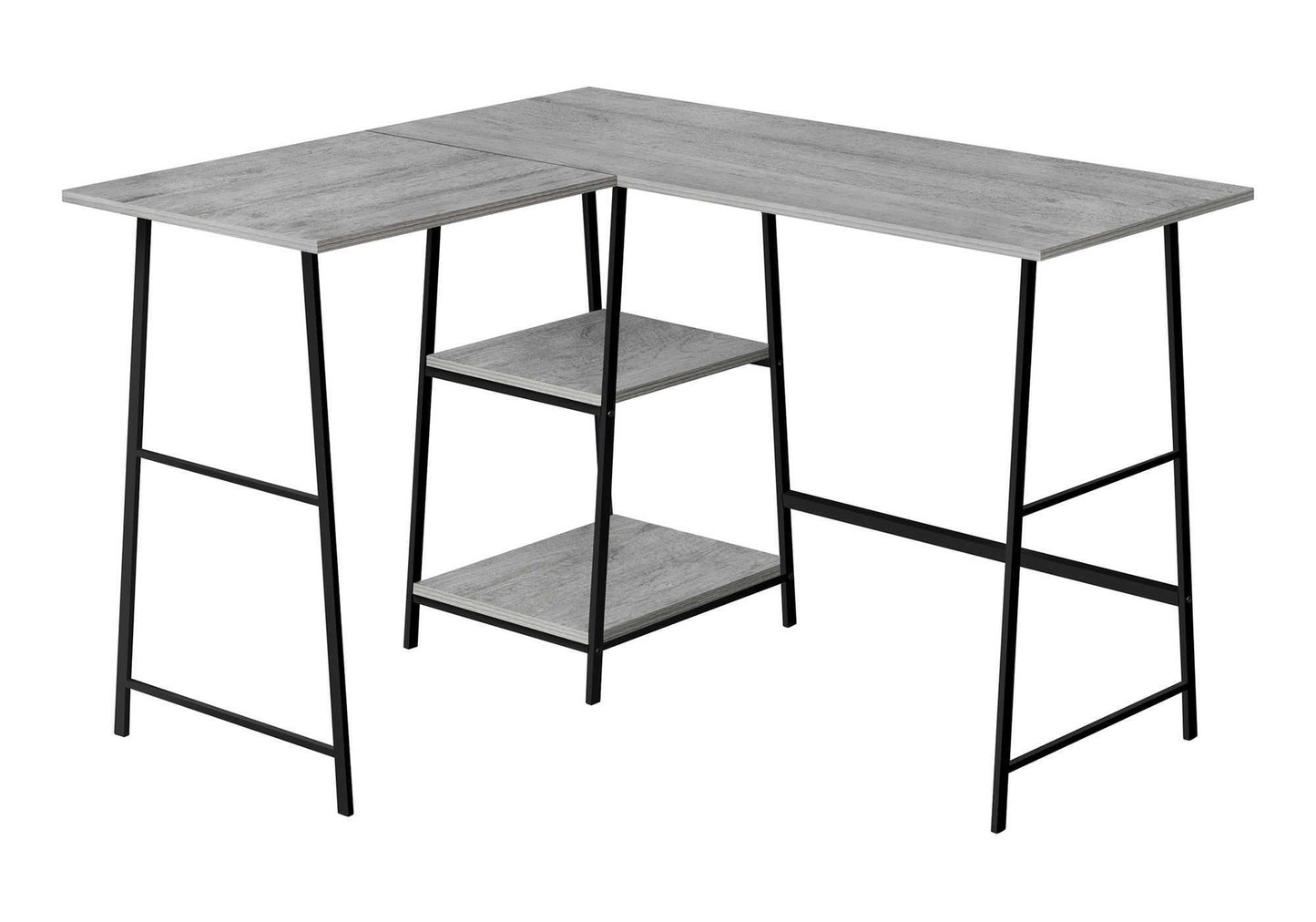 Grey wood Lshaped desk with black metal legs and two shelves